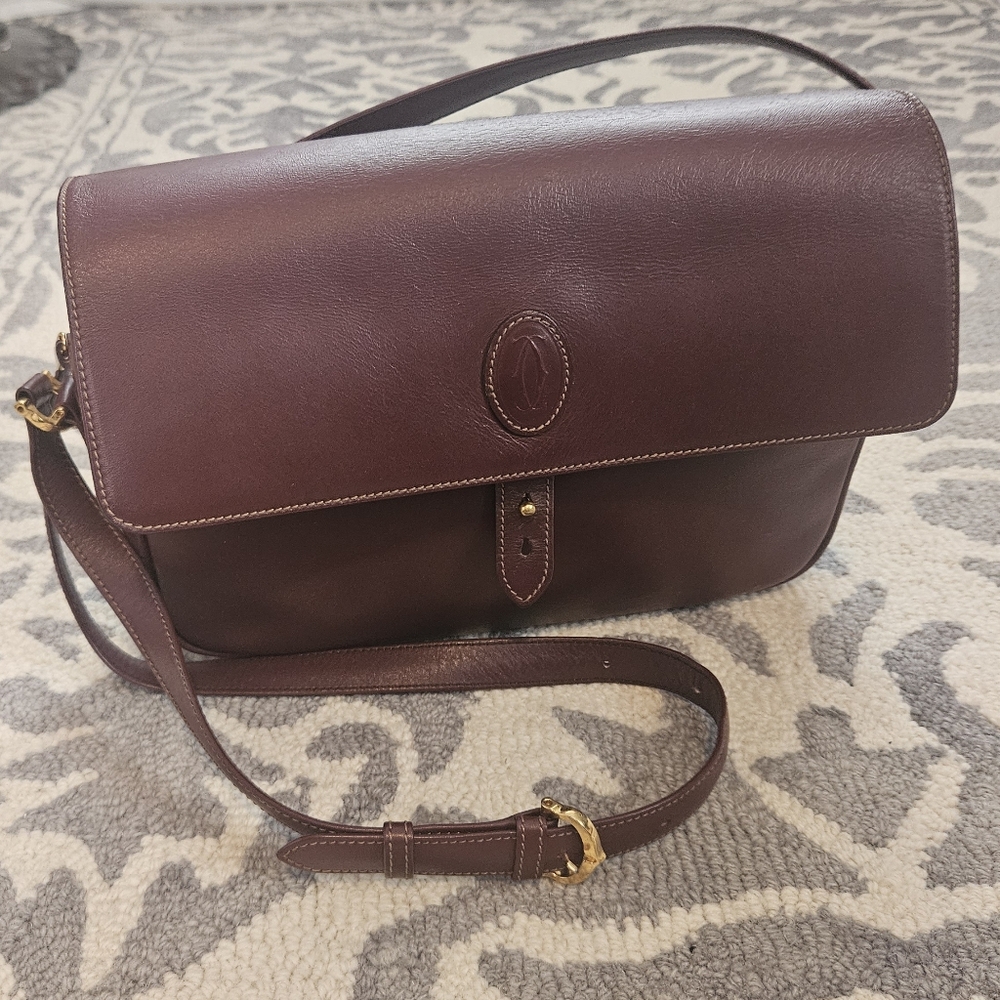 EVC Cartier Burgundy Leather Lrg Satchel Bag - Must De Cartier. Clean